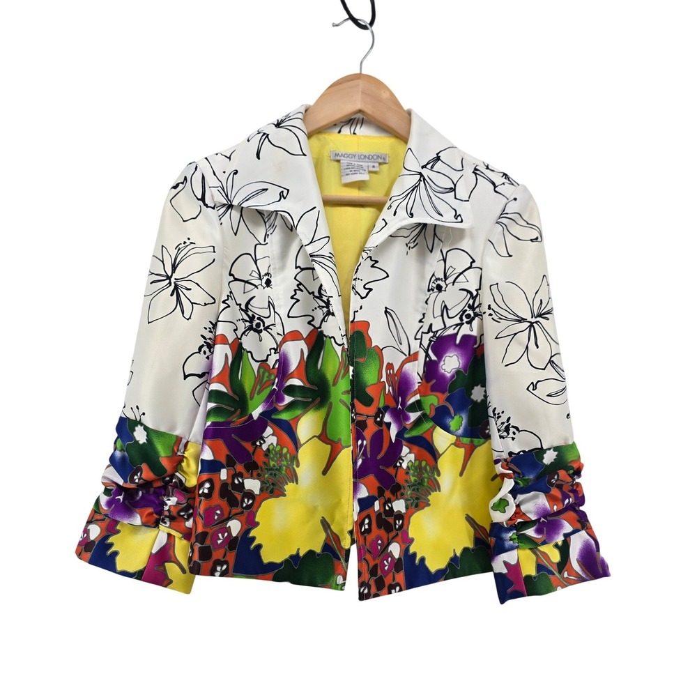 Maggy London Floral Blazer Womens 4 White‎ Yellow Ruched 3/4 Sleeve Crop Jacket